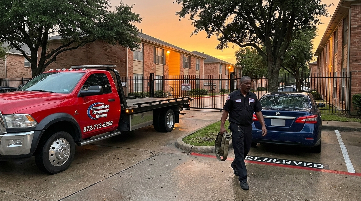 Tow truck responding to an unauthorized vehicle parked in a private Chicago lot