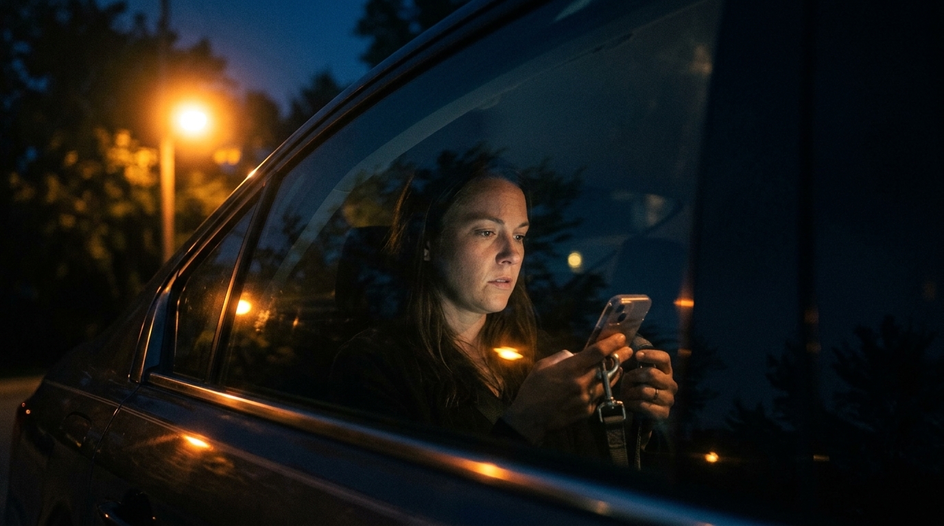 Driver staying safely locked inside her car while waiting for a 24/7 towing company