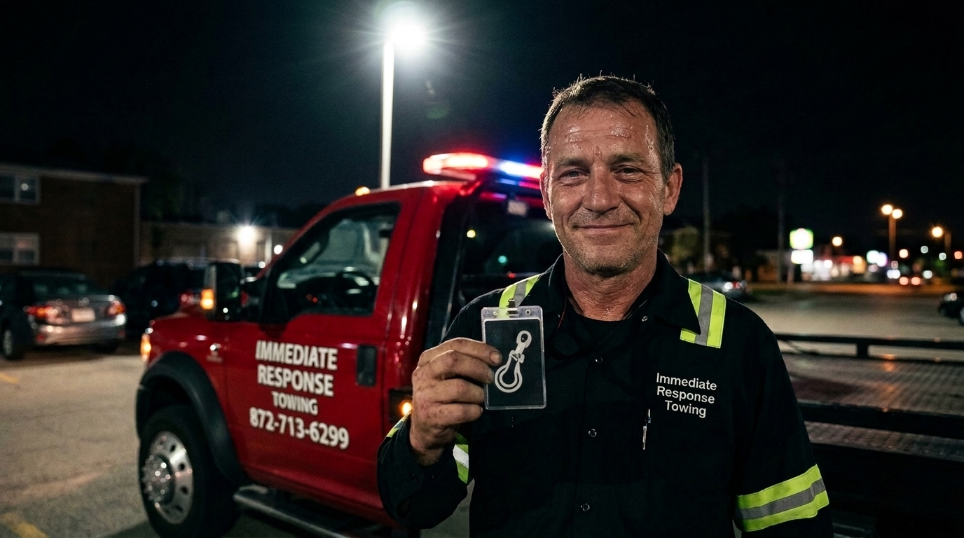 Tow operator confirming his identity before approaching a car during a late night tow
