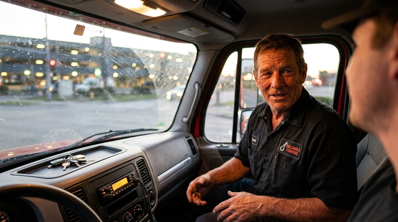 Tow truck operator explaining the process during a best car towing service ride