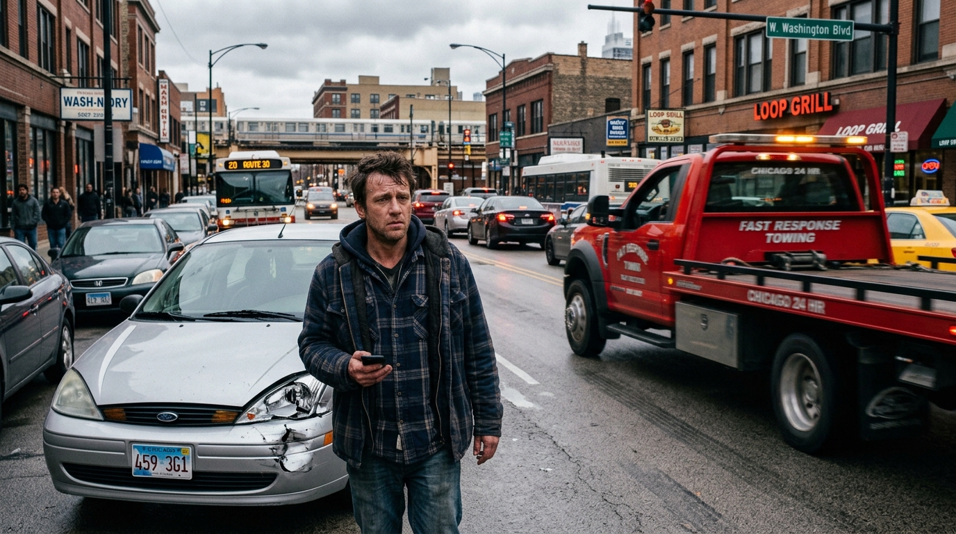 Driver approached by a tow truck immediately after a car accident in Chicago