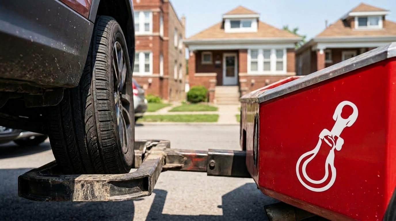 Close up of a wheel lift tow truck securing a car for towing Close up of a wheel lift tow truck securing a car for towing