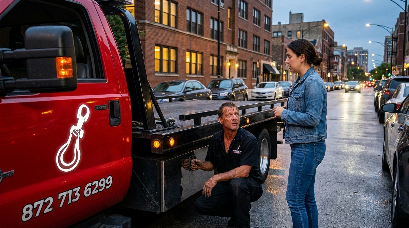 Car owner asking a tow truck driver about the towing method being used Car owner asking a tow truck driver about the towing method being used