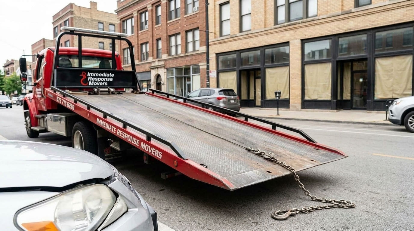 Tow truck operator loading a car onto a flatbed the correct way in Chicago Tow truck operator loading a car onto a flatbed the correct way in Chicago