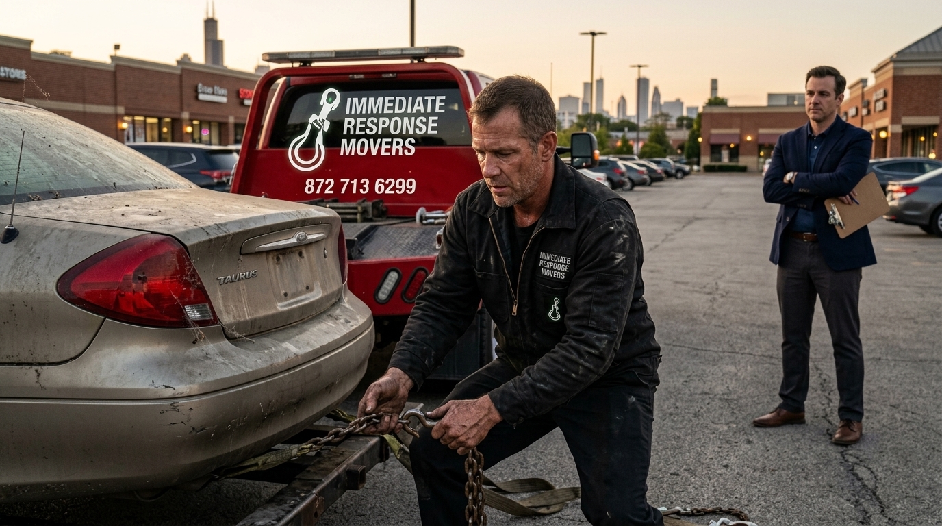 Immediate Response Movers driver removing an unauthorized vehicle from a private lot