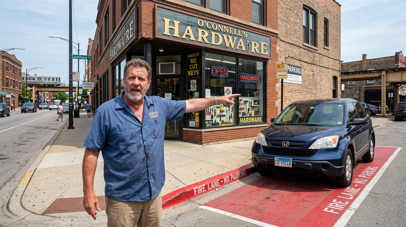 Business owner dealing with an illegally parked car blocking a fire lane