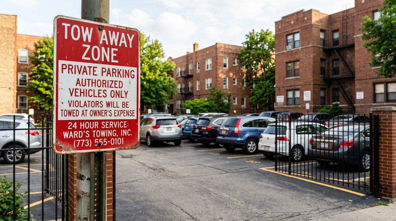 Posted tow away signage at a Chicago apartment complex parking lot