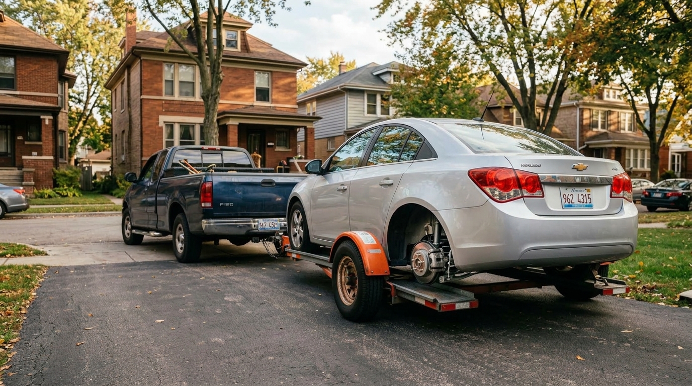 Driver attempting to secure a car onto a rented tow dolly himself