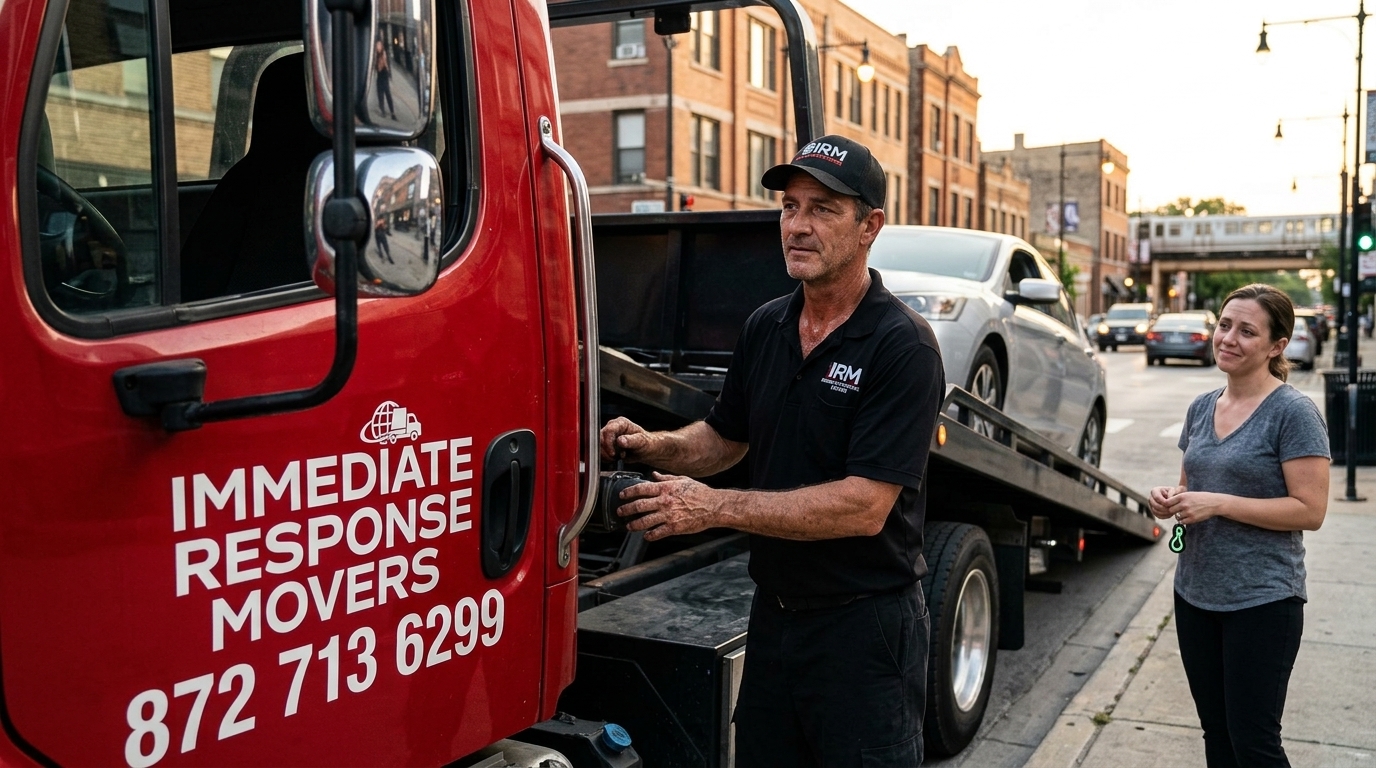 Immediate Response Movers driver loading a car onto a flatbed tow truck
