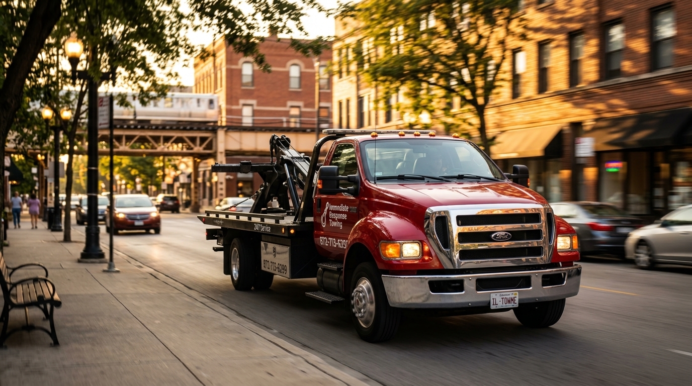 Immediate Response Towing truck heading to a customer's chosen repair shop in Chicago