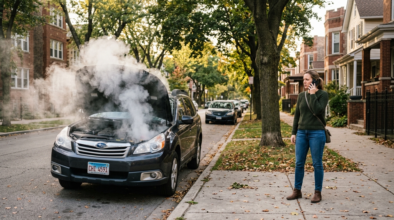 Driver noticing smoke from the engine and deciding to tow rather than drive to a mechanic