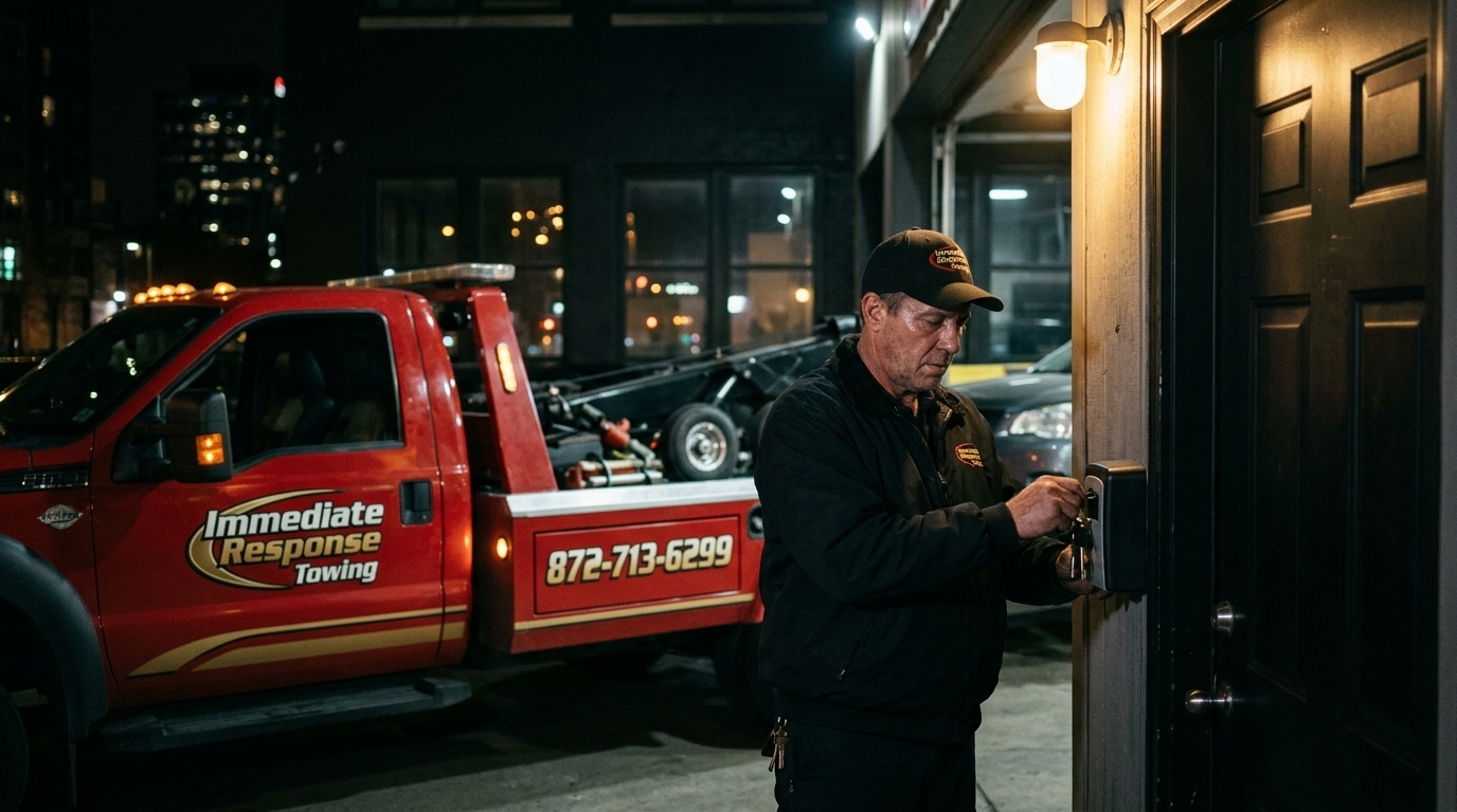 Tow operator leaving a car and keys at a closed repair shop after hours