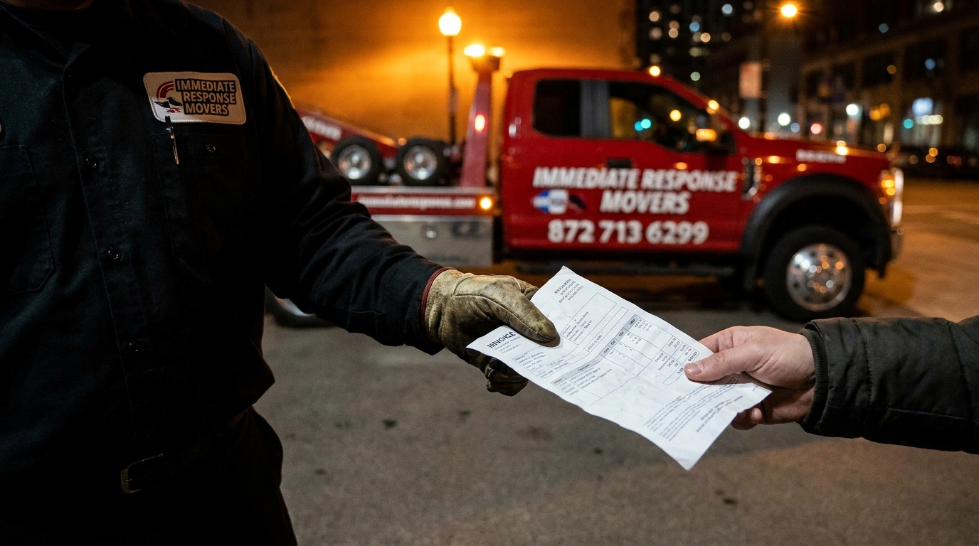 Driver reviewing a clearly explained late night towing invoice