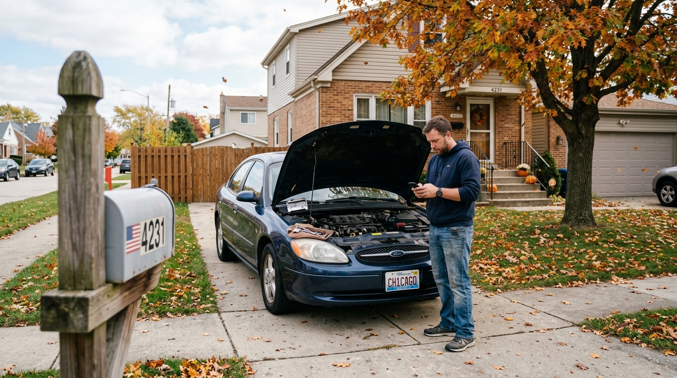 Homeowner arranging a short distance tow for a non running car in a driveway