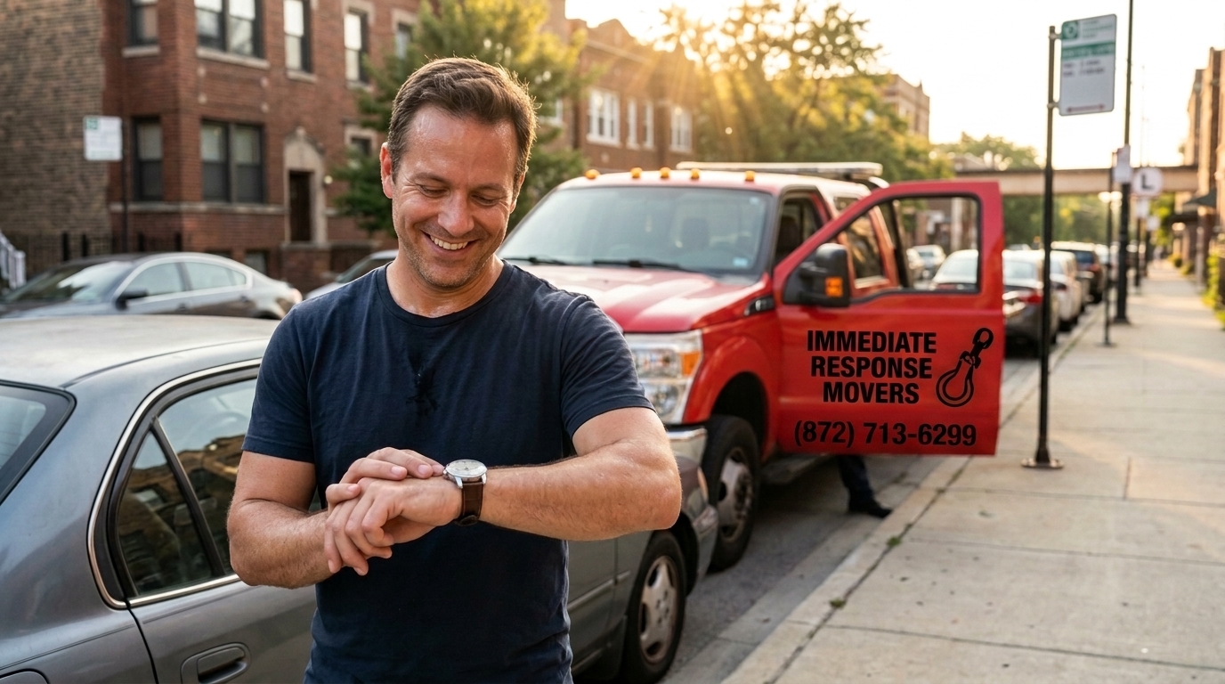Driver relieved that a reliable tow truck arrived exactly on time in Chicago