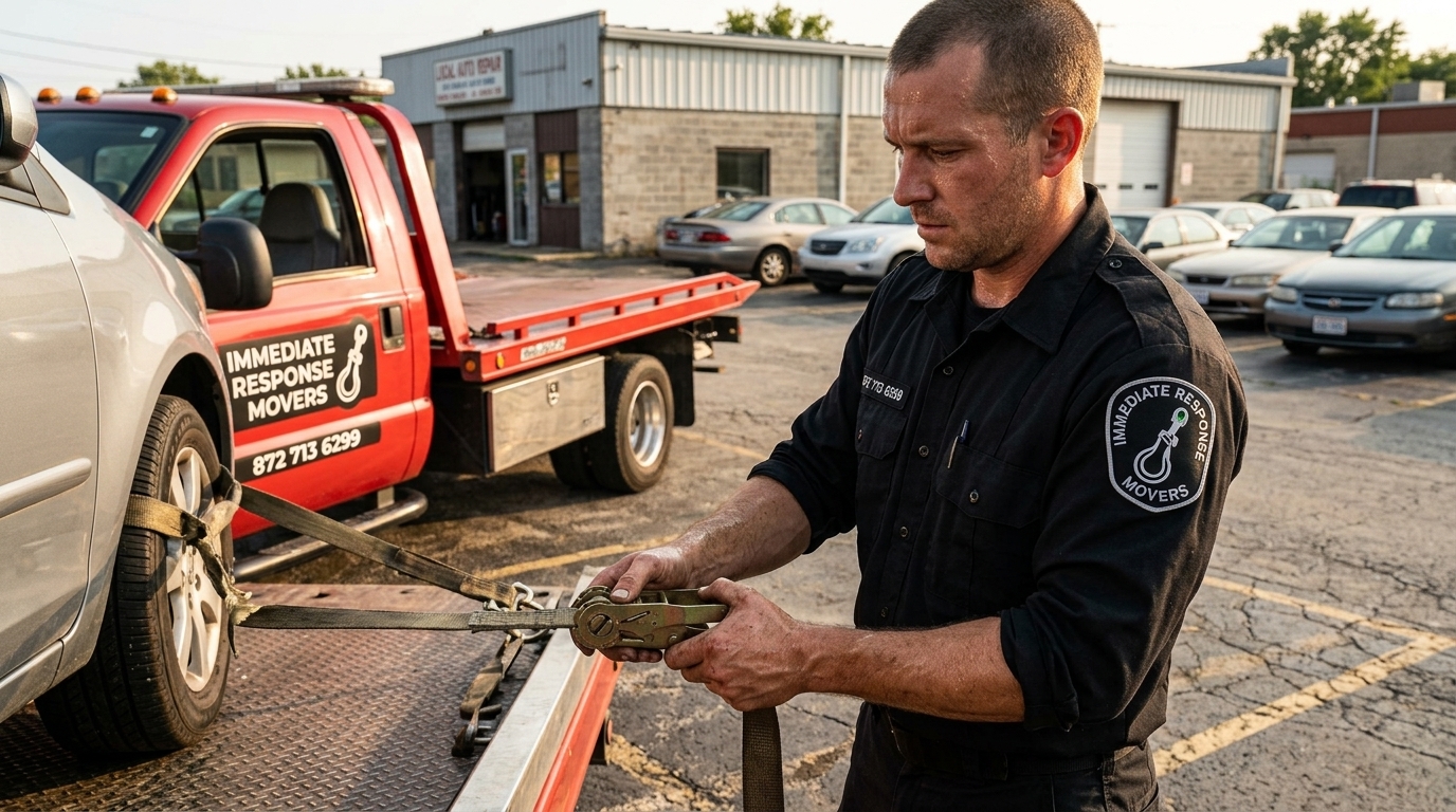 Tow truck driver preparing a car for a short local tow in Chicago