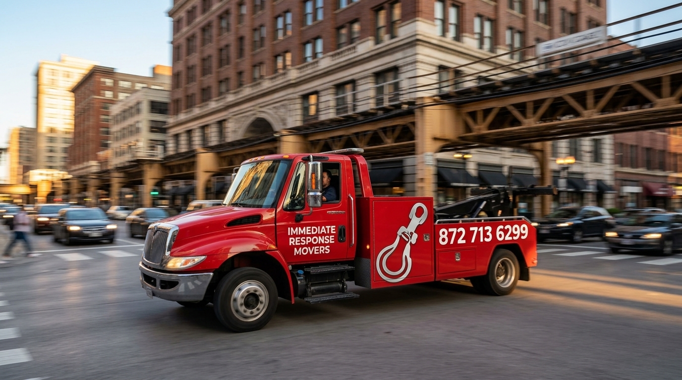 Immediate Response Movers tow truck heading to a nearby customer in Chicago