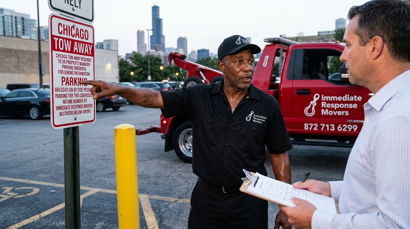 Immediate Response Movers driver reviewing proper signage with a Chicago property manager