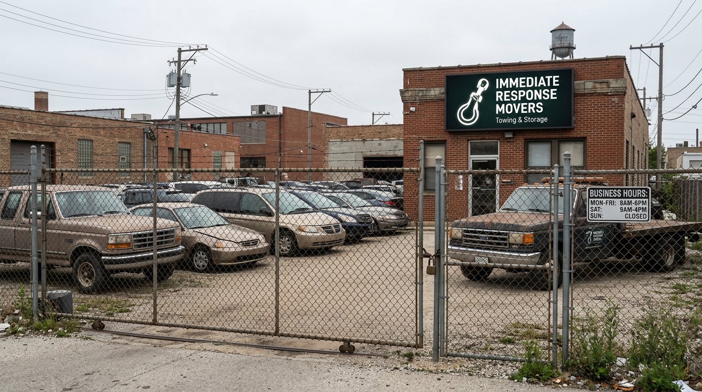 Private towing company storage lot in Chicago where towed vehicles are kept