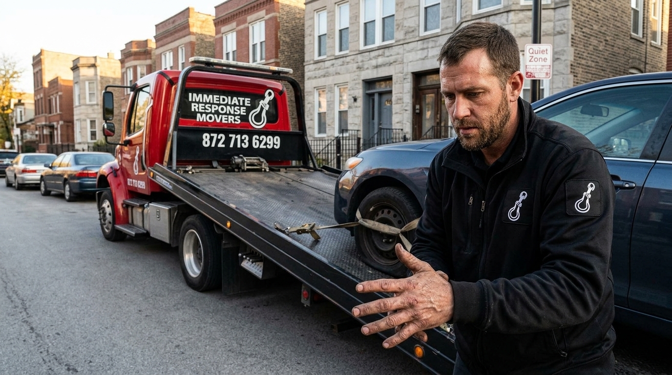 Immediate Response Movers driver towing a car after a breakdown in Chicago