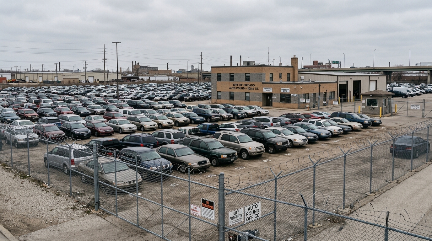 City auto pound lot in Chicago where towed vehicles are stored