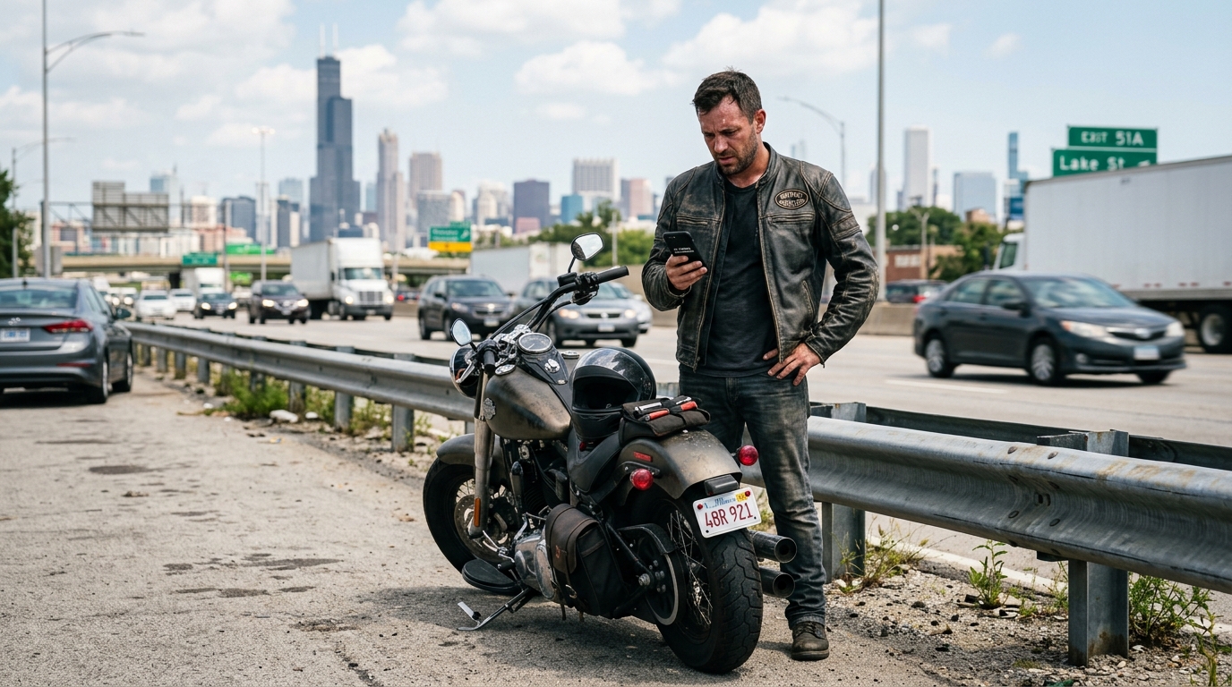 Motorcycle rider calling for a tow after a breakdown in Chicago