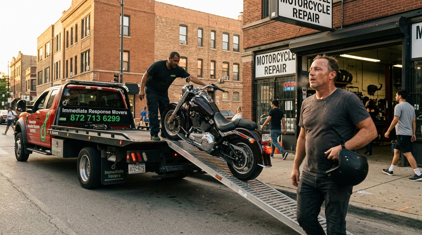 Motorcycle rider relieved his bike arrived safely after a proper tow