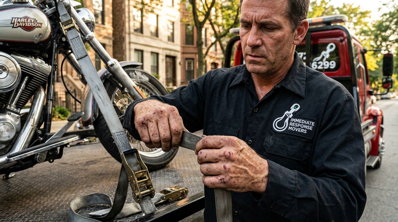 Immediate Response Movers driver securing a motorcycle with proper soft straps