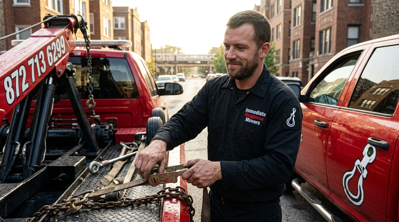 Immediate Response Movers driver preparing equipment before a towing job