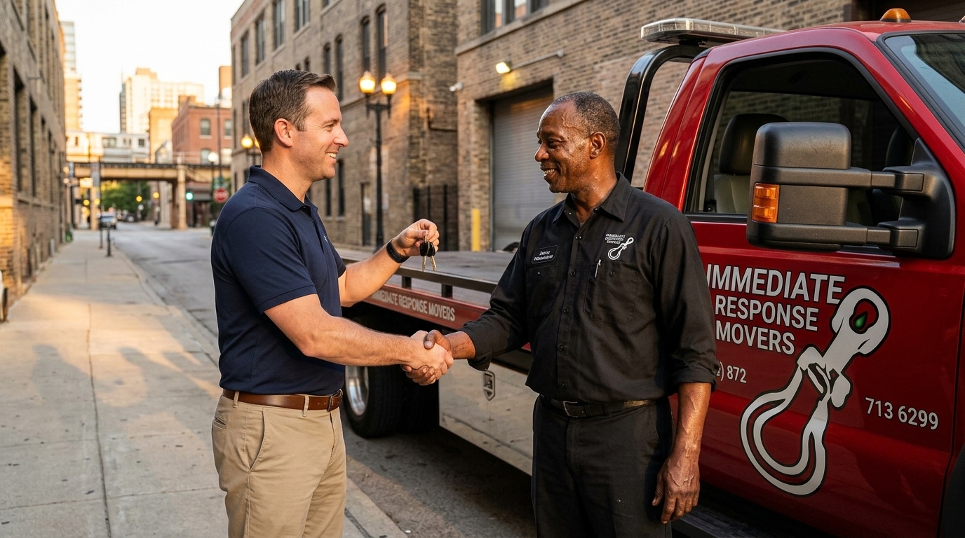 Customer thanking an Immediate Response Movers driver after a smooth towing experience