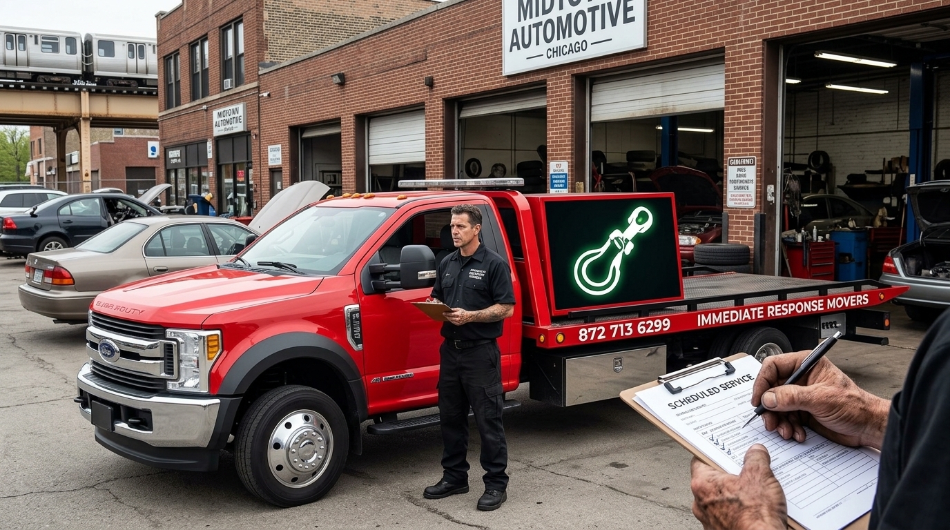 Immediate Response Movers driver arriving for a scheduled tow pickup in Chicago
