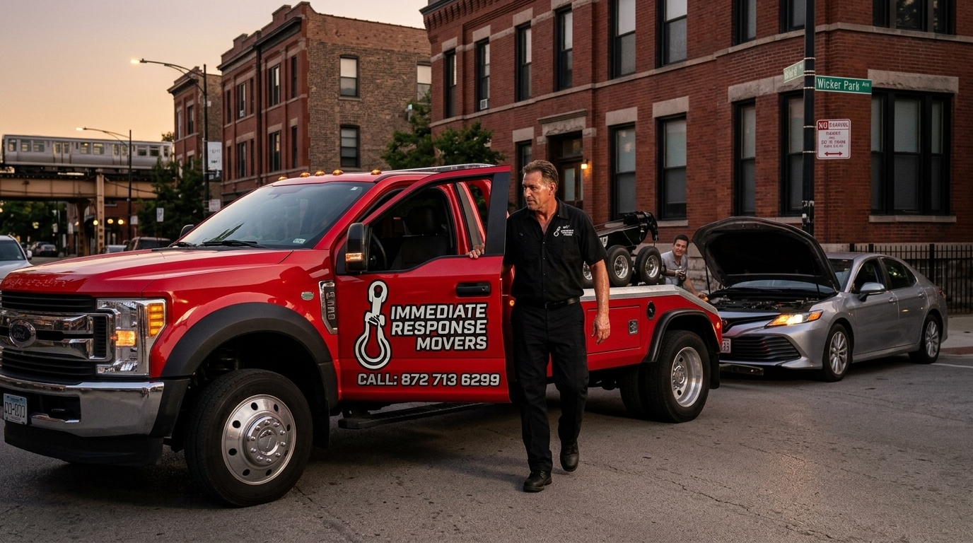 Immediate Response Movers tow truck arriving directly to a stranded driver in Chicago