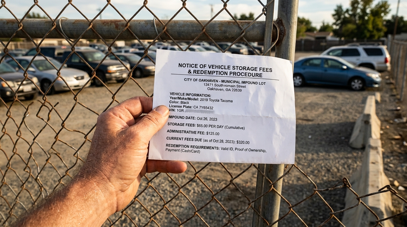 Notice letter about unclaimed vehicle storage fees at a tow yard