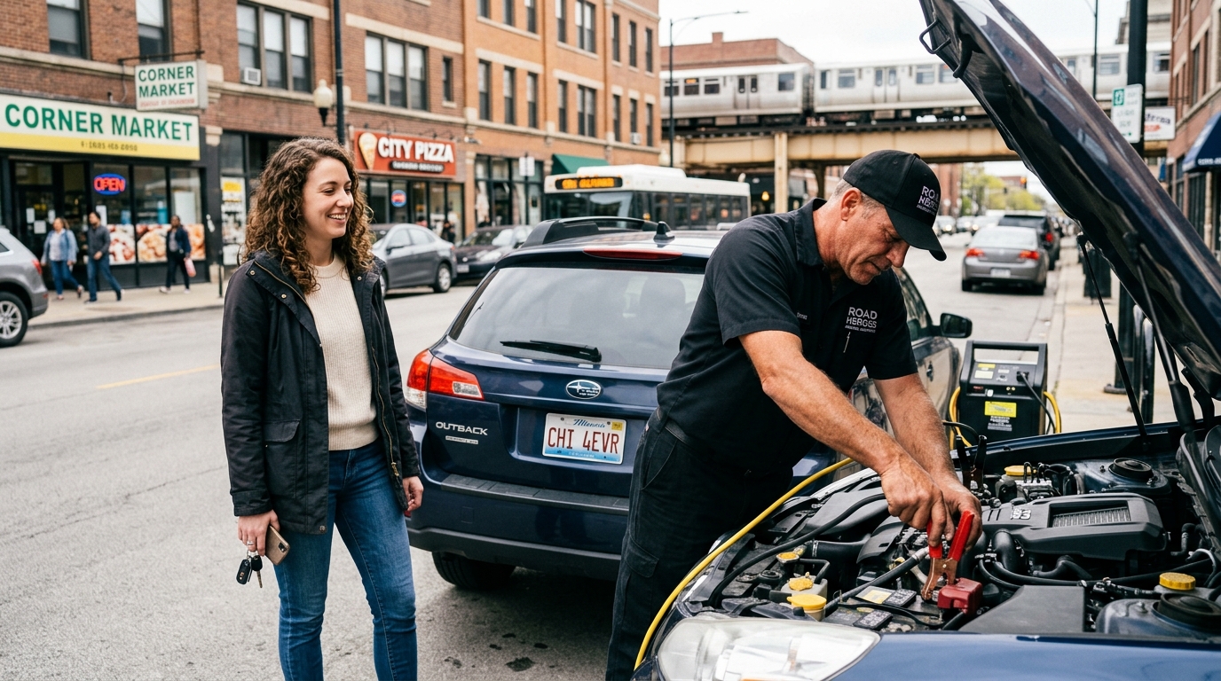 Technician jump starting a car battery instead of calling for a tow