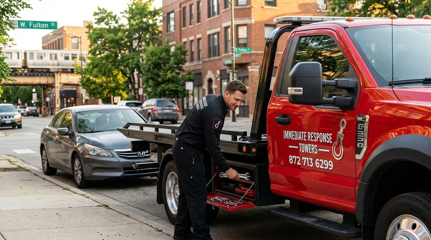 Immediate Response Movers technician wrapping up a roadside repair in Chicago