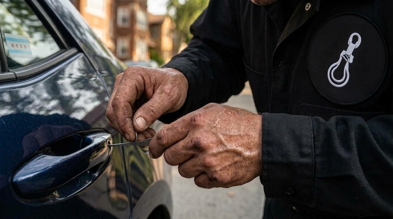 Technician helping a driver locked out of her car without needing a tow