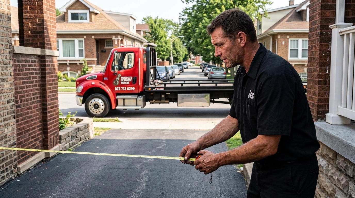 Immediate Response Movers driver checking driveway access before delivering a towed car Immediate Response Movers driver checking driveway access before delivering a towed car