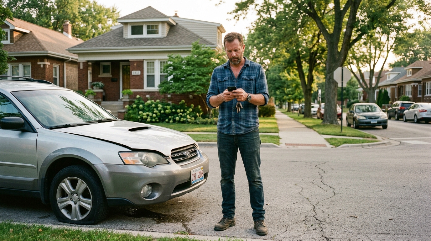 Homeowner deciding to have his car towed home instead of to a shop Homeowner deciding to have his car towed home instead of to a shop