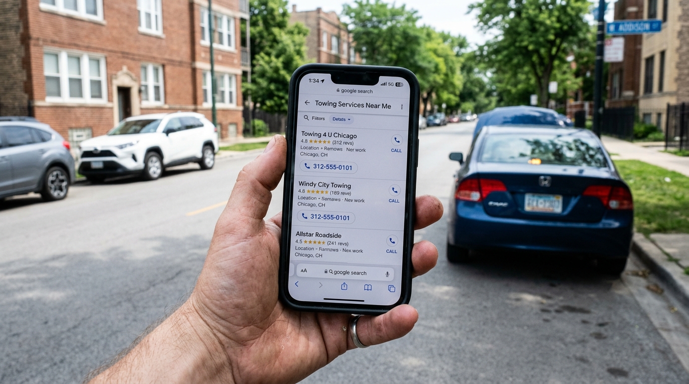 Driver looking at a generic towing ad while trying to find a real local company Driver looking at a generic towing ad while trying to find a real local company