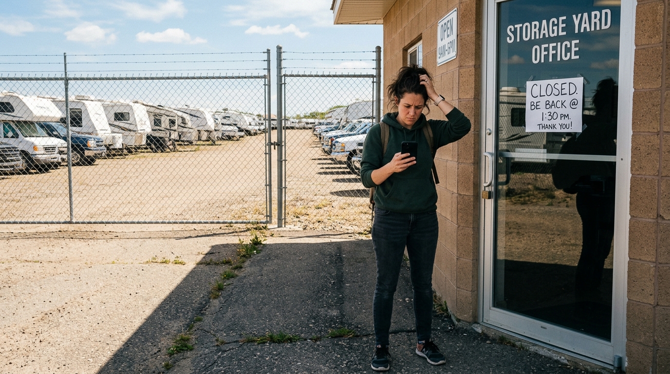 Driver arriving to find a towing company office closed on a Sunday