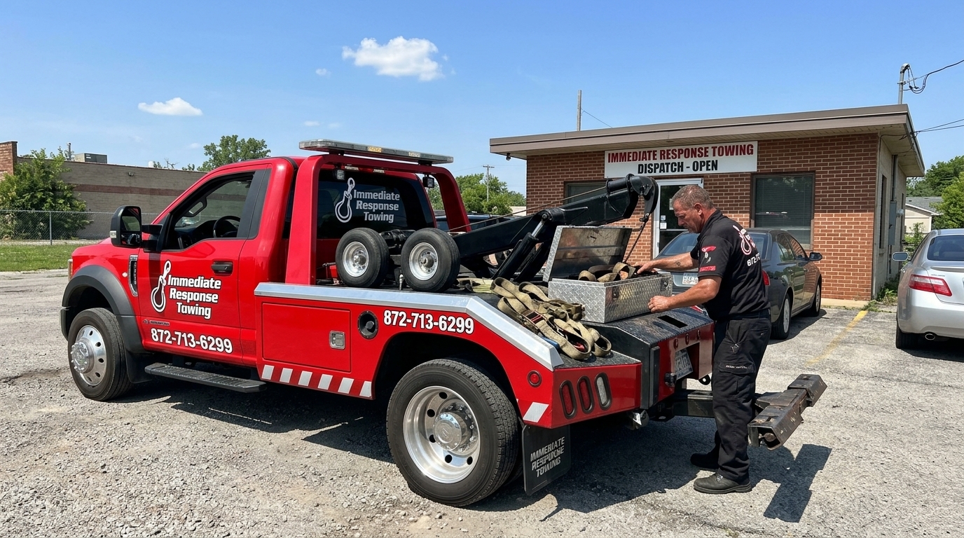 Immediate Response Towing truck ready for dispatch on a Sunday in Chicago