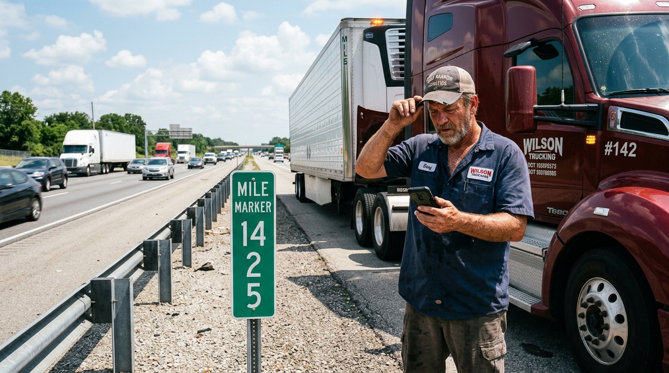 Truck driver calling for heavy duty towing after a semi breakdown Truck driver calling for heavy duty towing after a semi breakdown
