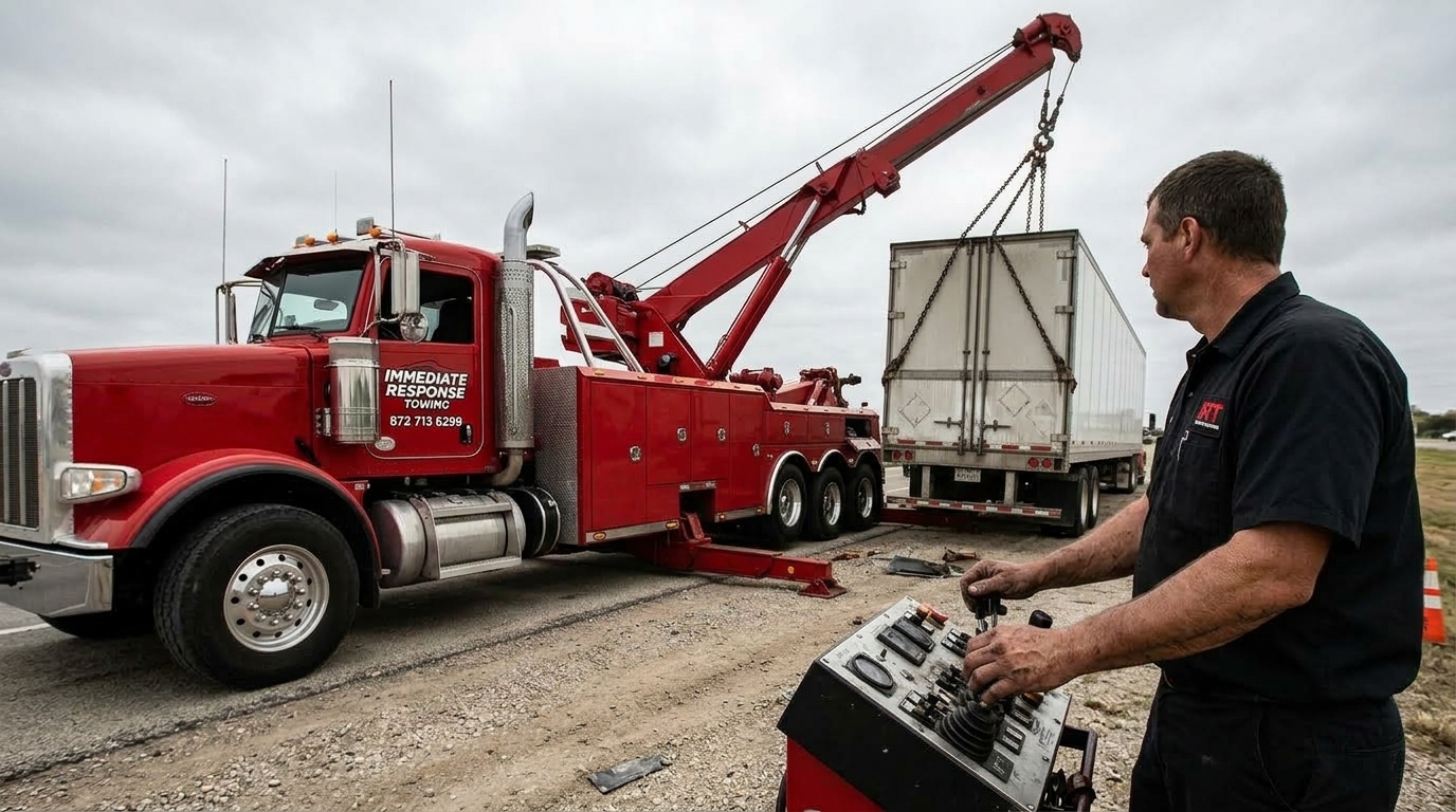 Heavy duty rotator truck uprighting a trailer during a commercial recovery Heavy duty rotator truck uprighting a trailer during a commercial recovery