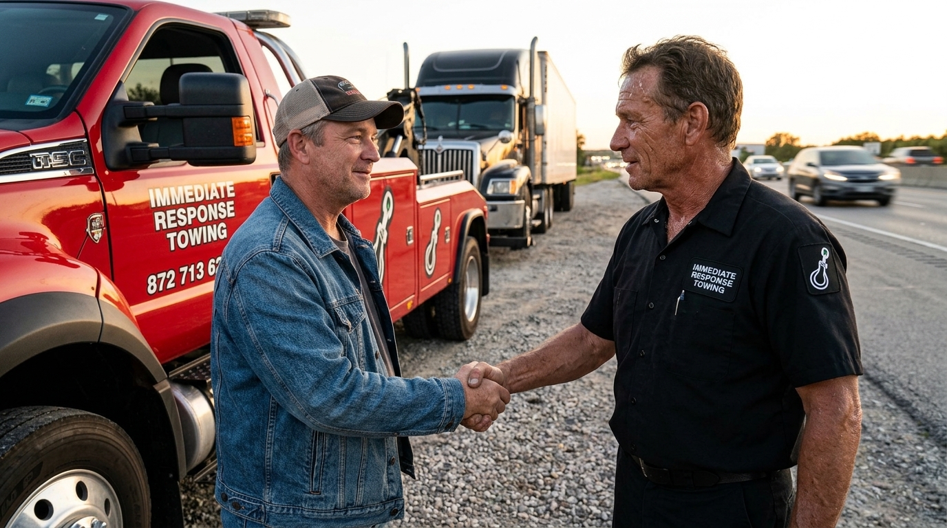 Truck driver thanking the heavy duty tow operator after his semi was recovered Truck driver thanking the heavy duty tow operator after his semi was recovered
