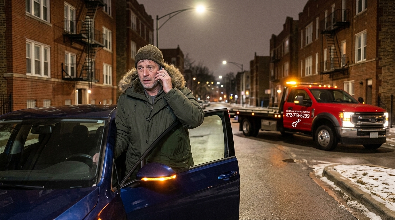 Worried driver searching for a tow yard on a phone beside a stalled car while a red tow truck approaches