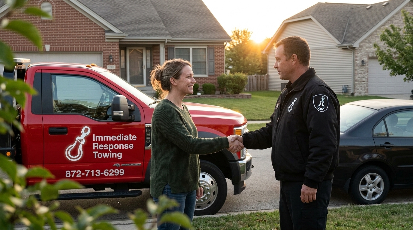 Relieved customer thanking an Immediate Response Towing worker beside a red tow truck at sunrise