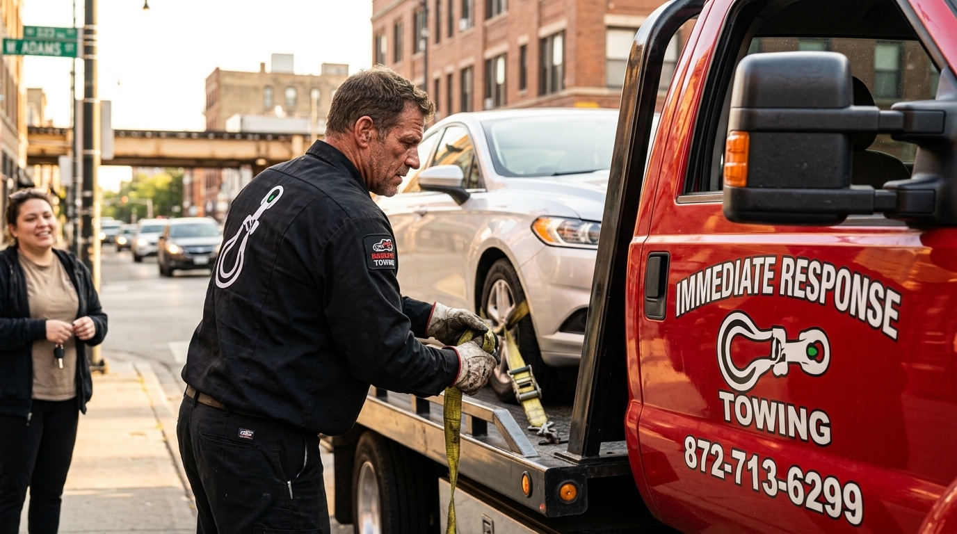 Immediate Response Towing worker securing a car onto a red flatbed tow truck in Chicago