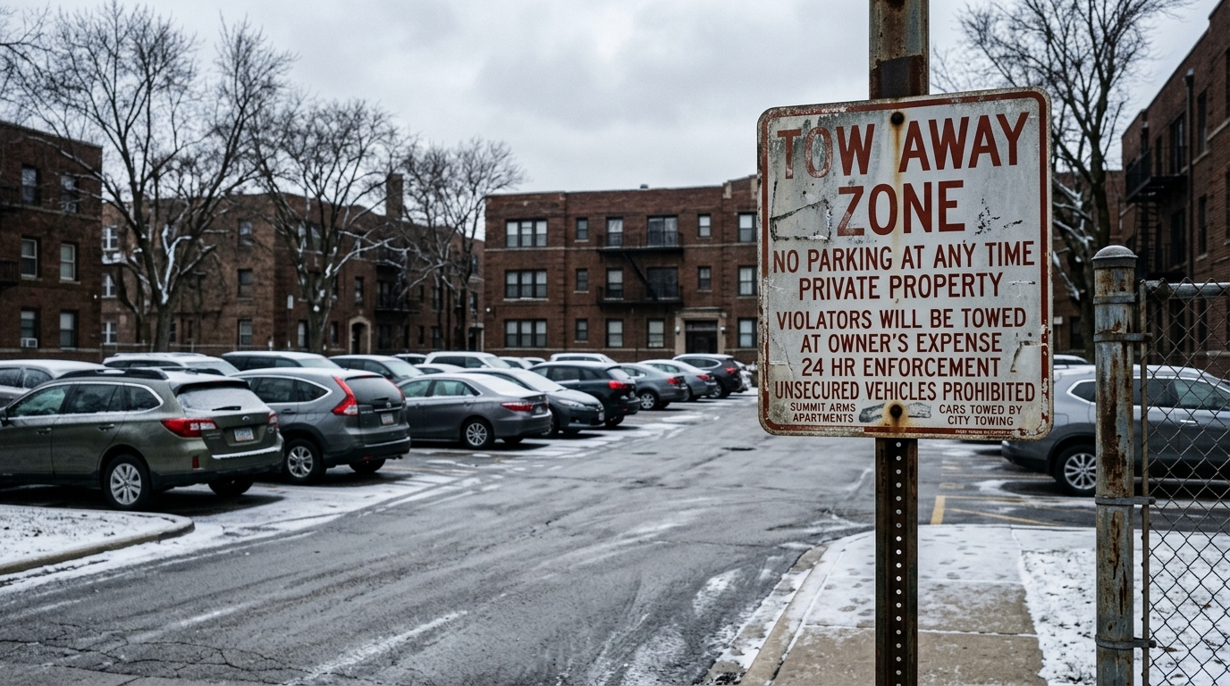 Tow away zone sign at the entrance of a Chicago apartment complex parking lot