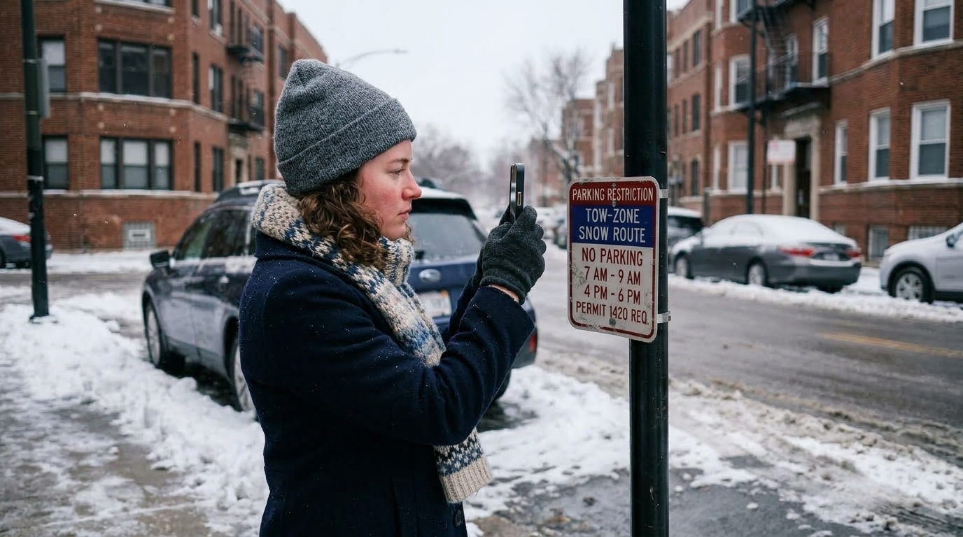 Driver reading a winter parking restriction sign before leaving her car overnight in Chicago