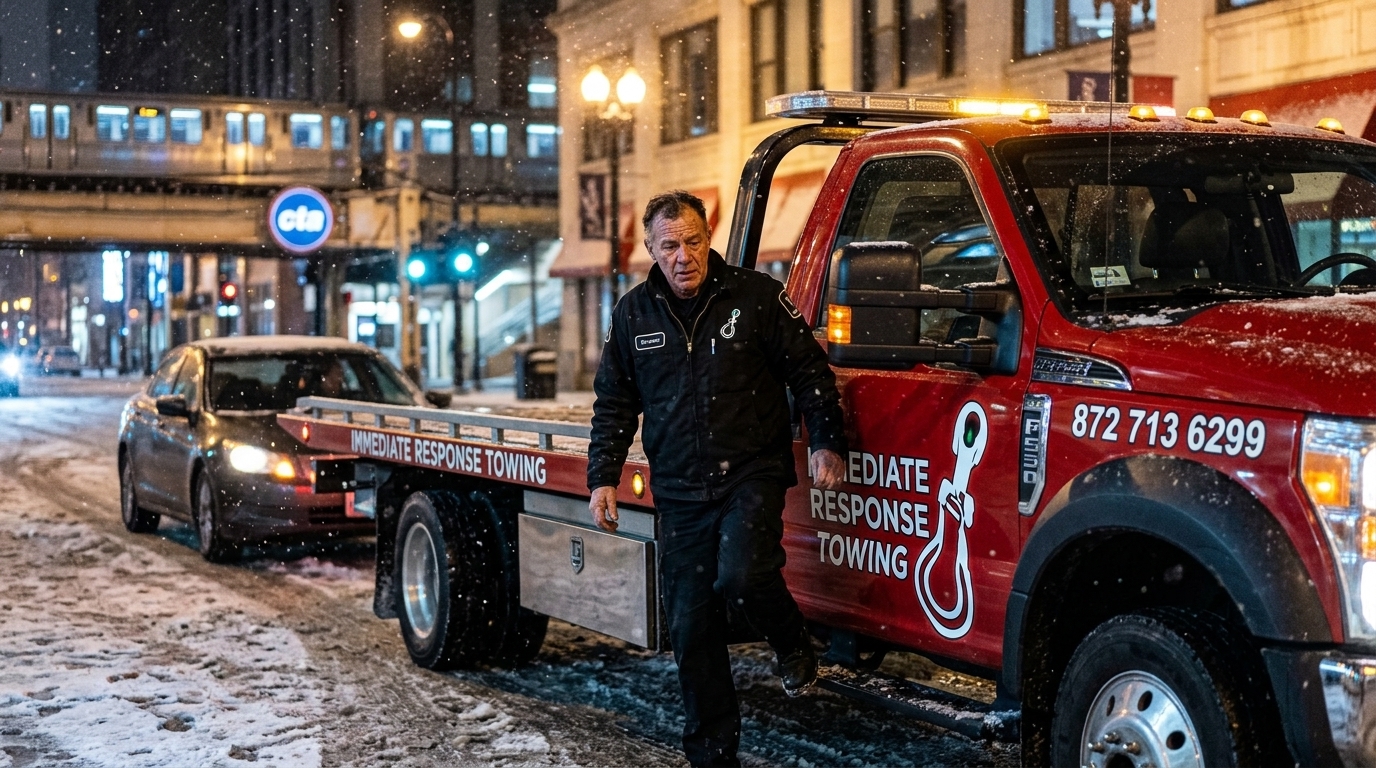 Immediate Response Towing driver arriving to help a stalled car on a snowy Chicago night
